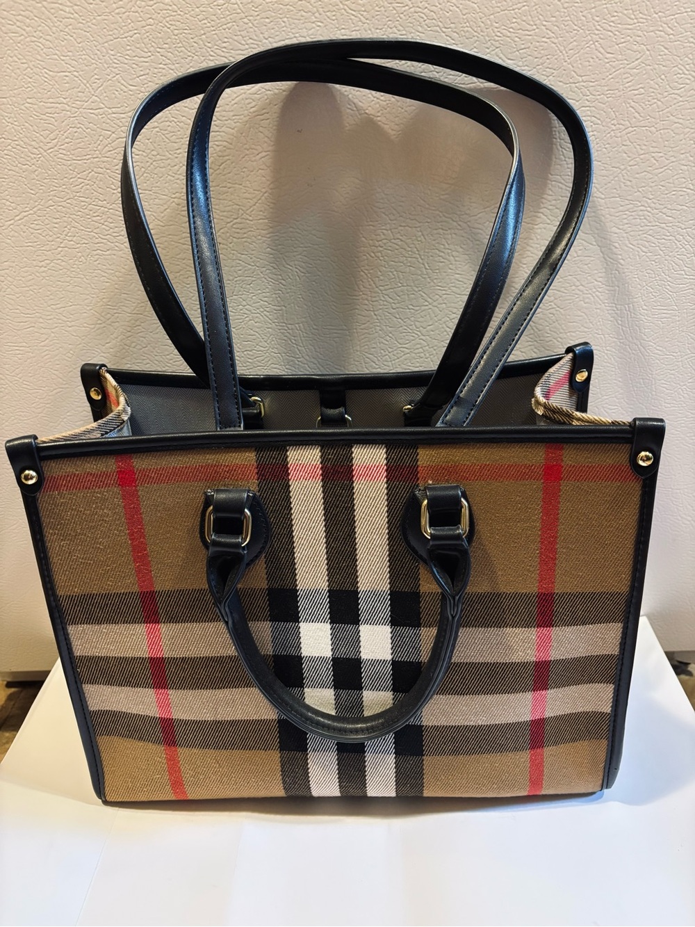 Plaid Tote Handbag with Black Trim